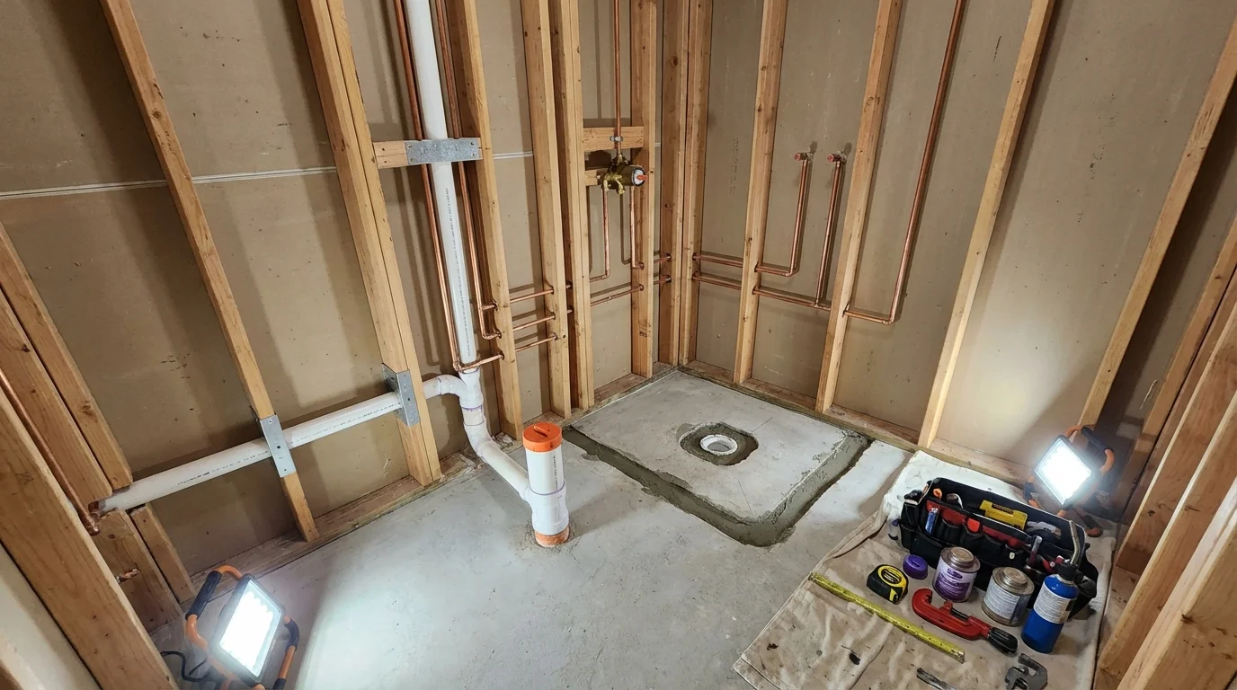 Bathroom rough-in plumbing during remodel by Johns Plumbing LLC in Stillman Valley
