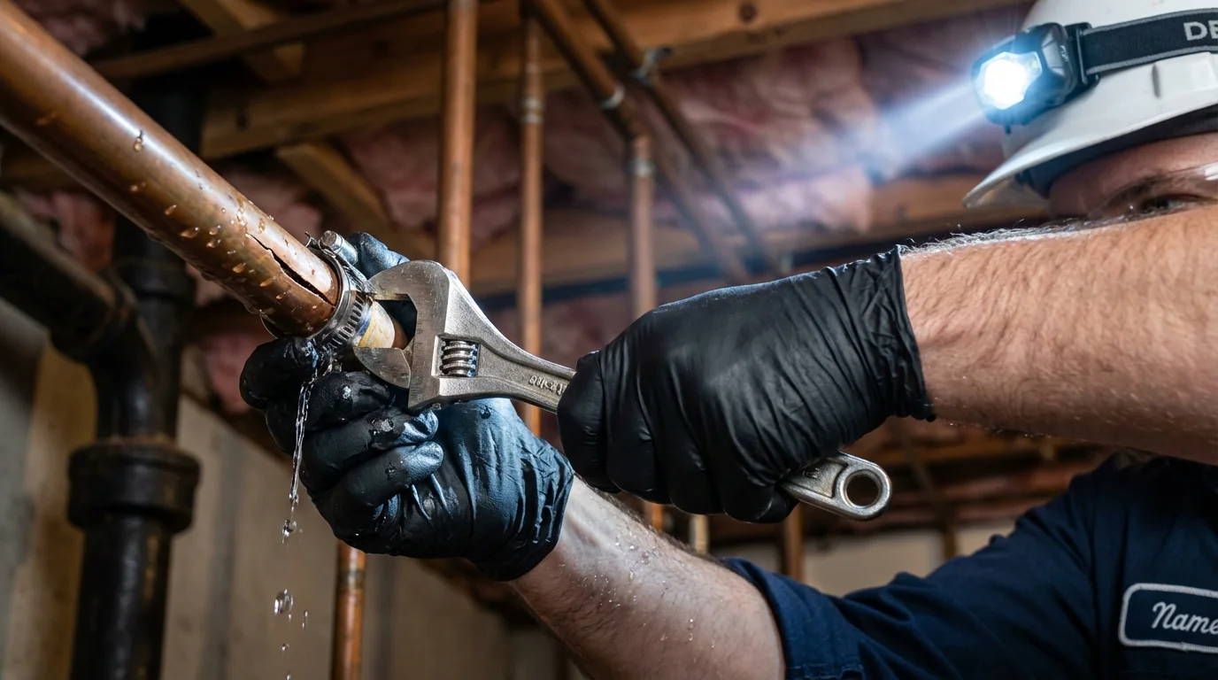 Emergency pipe clamp repair being performed by a Johns Plumbing LLC plumber in Stillman Valley