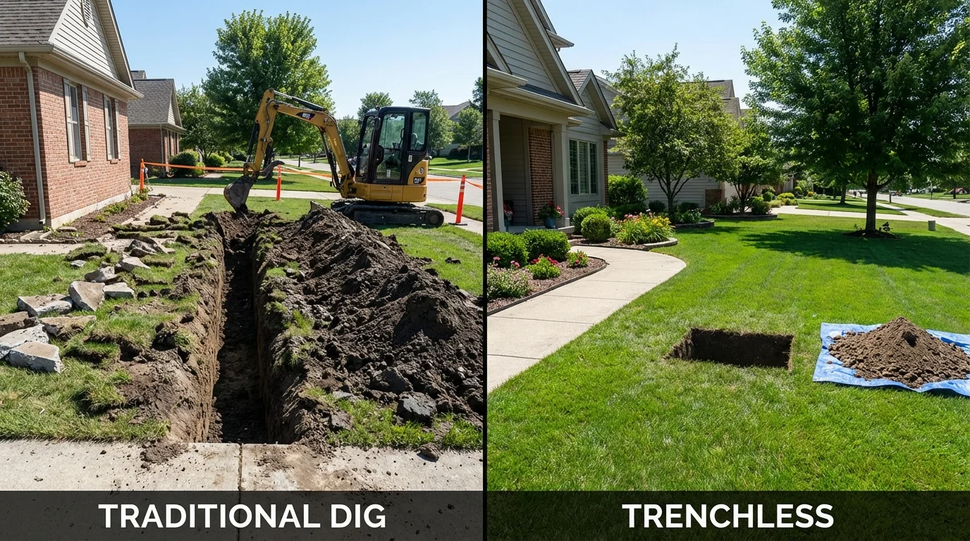 Trenchless sewer repair with minimal yard damage versus traditional excavation in Stillman Valley, IL